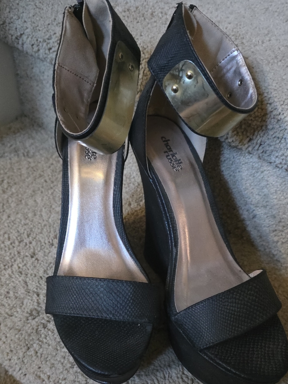 Charlotte Russe Black Wedge Sandals with Gold Ankle Cuff